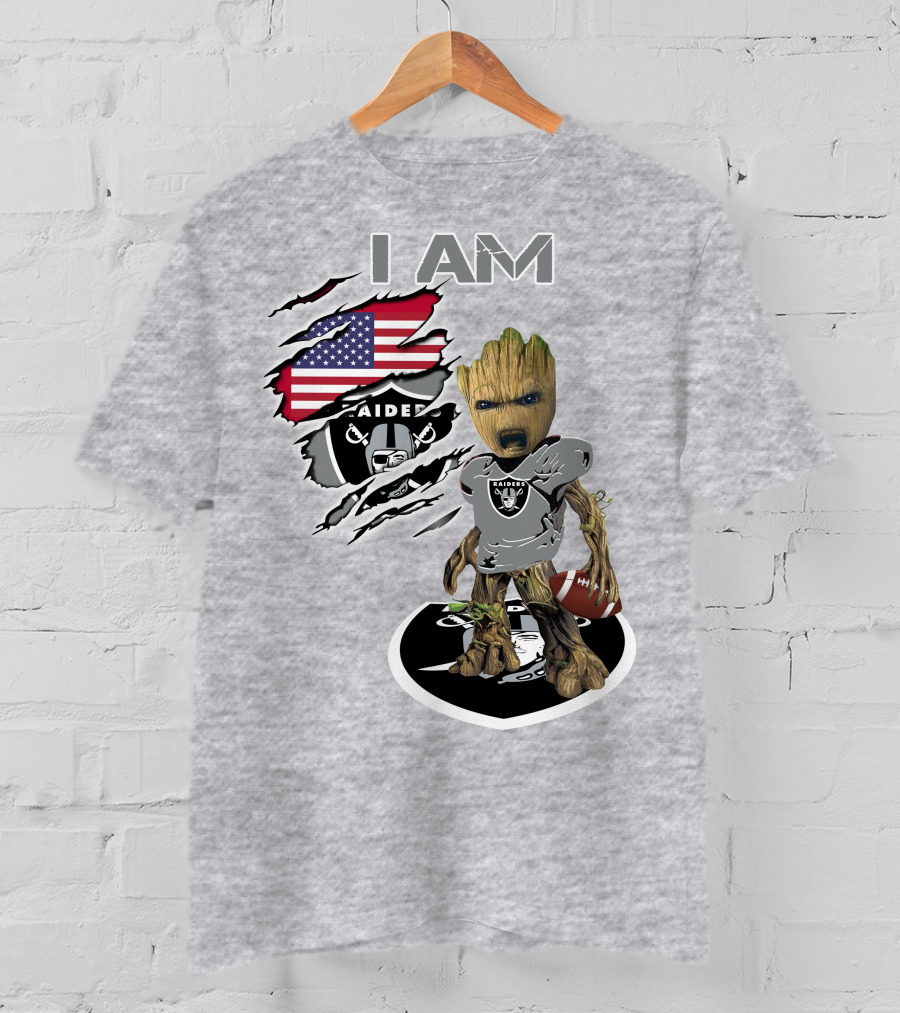 I Am Raiders Baby Groot American Flag Football T-Shirt