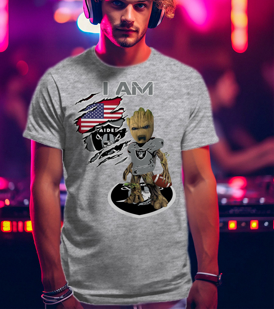 I Am Raiders Baby Groot American Flag Football T-Shirt