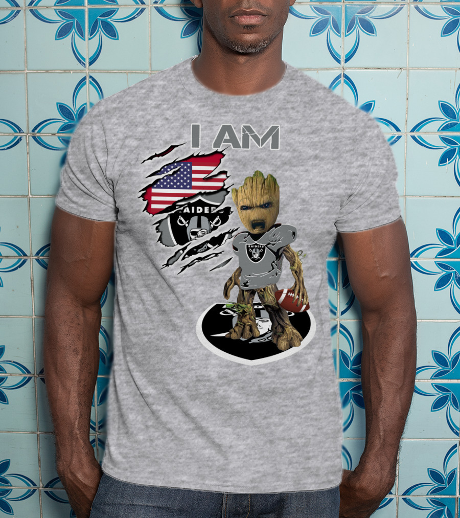 I Am Raiders Baby Groot American Flag Football T-Shirt