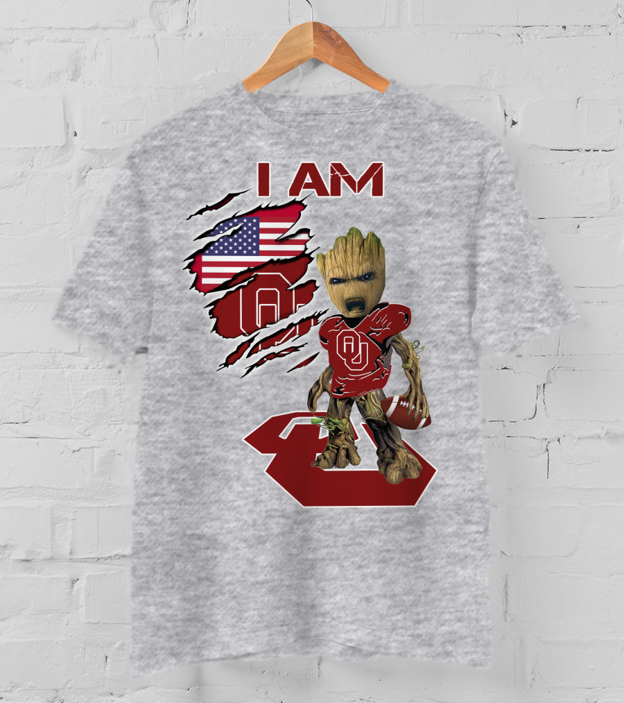 I Am Baby Groot OU Sooners Football USA Flag T-Shirt