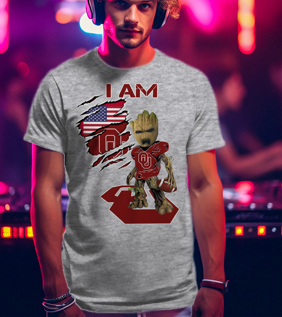I Am Baby Groot OU Sooners Football USA Flag T-Shirt