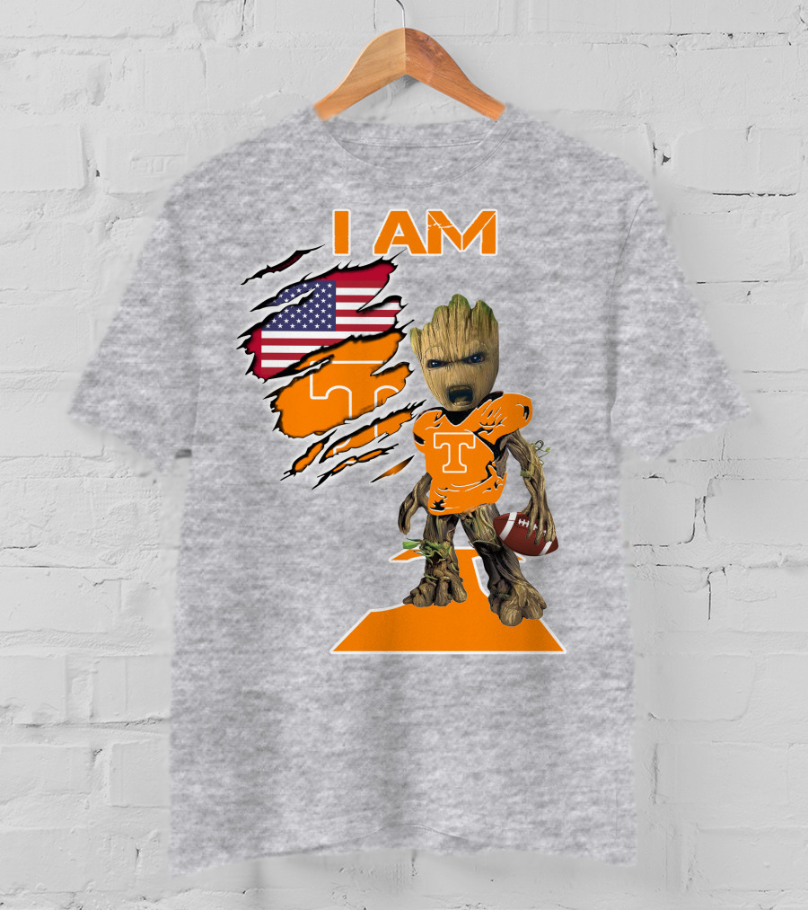 I AM Tennessee Baby Groot Football American Flag T-Shirt