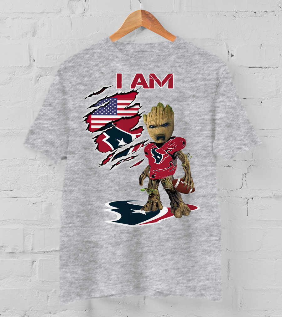 I Am Texans Baby Groot Football Usa Flag T-Shirt