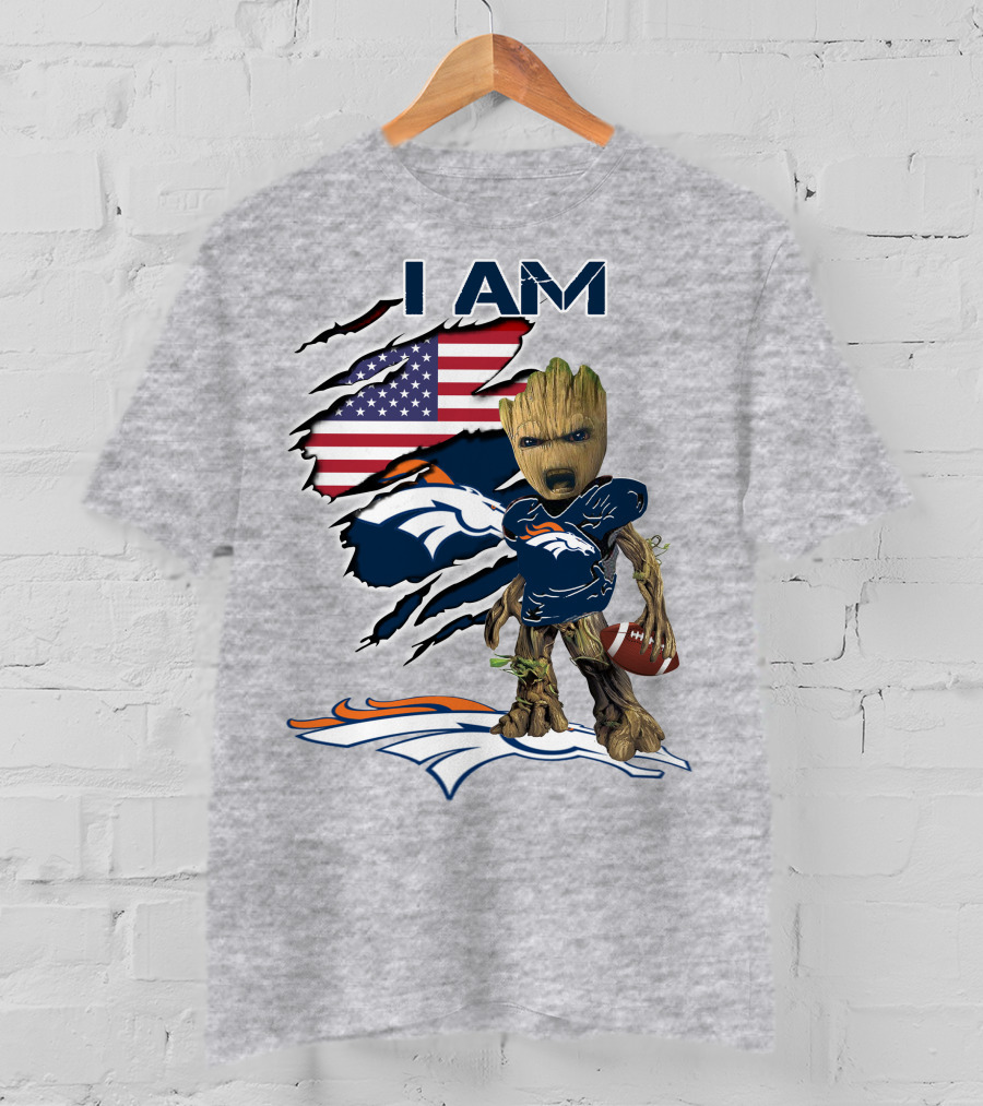 I Am Broncos Baby Groot American Flag Football T-Shirt