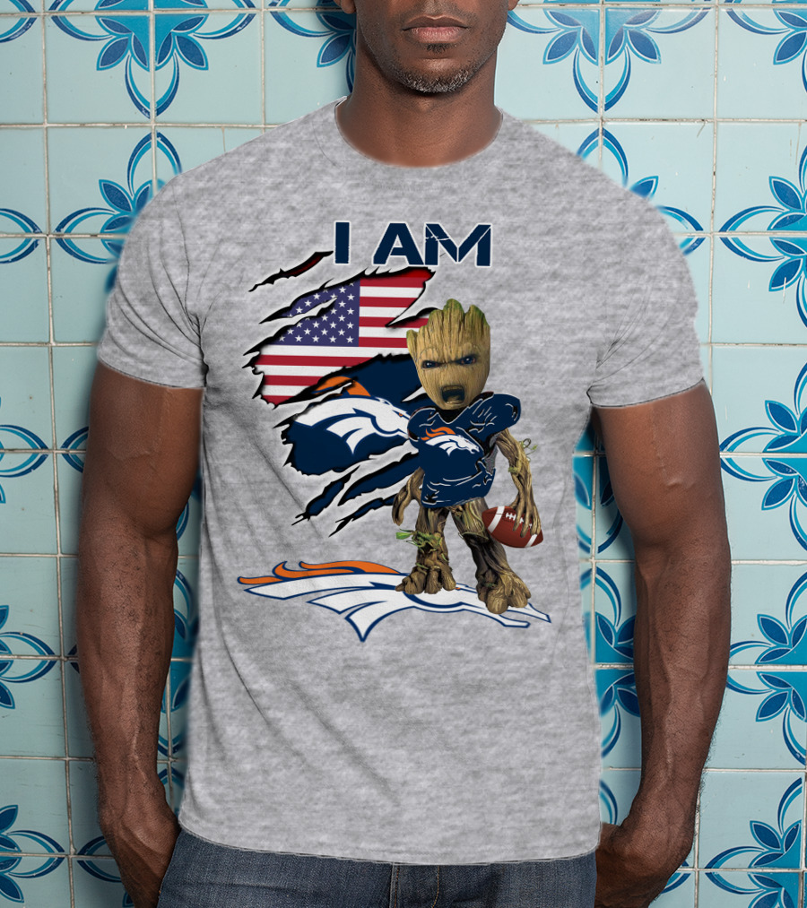 I Am Broncos Baby Groot American Flag Football T-Shirt