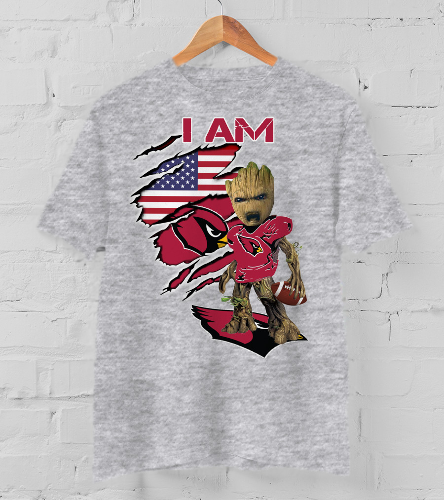 I Am Cardinals Baby Groot American Flag Football T-Shirt