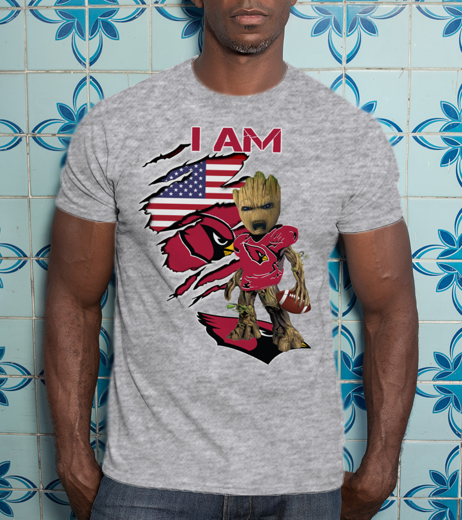 I Am Cardinals Baby Groot American Flag Football T-Shirt
