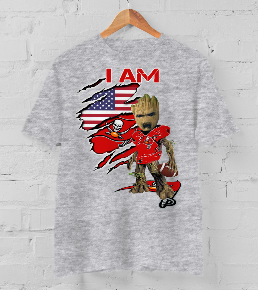 I Am Buc Baby Groot American Flag Football Buccaneers T-Shirt