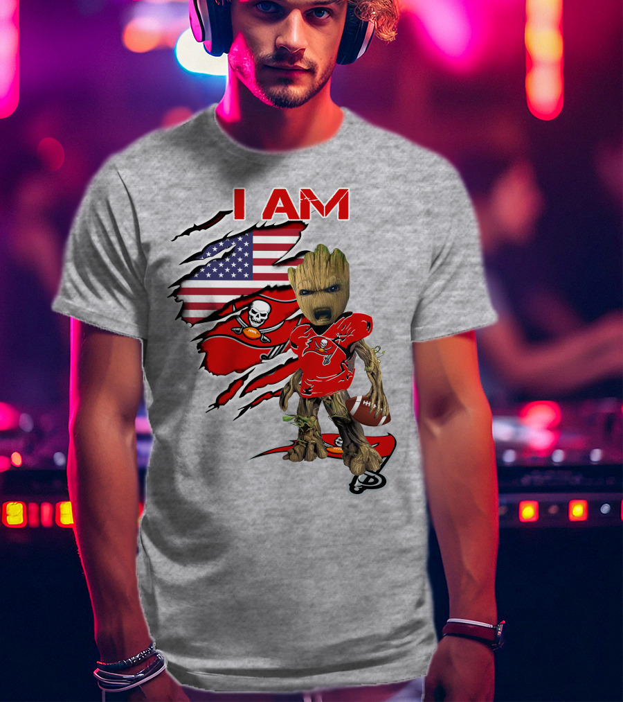 I Am Buc Baby Groot American Flag Football Buccaneers T-Shirt