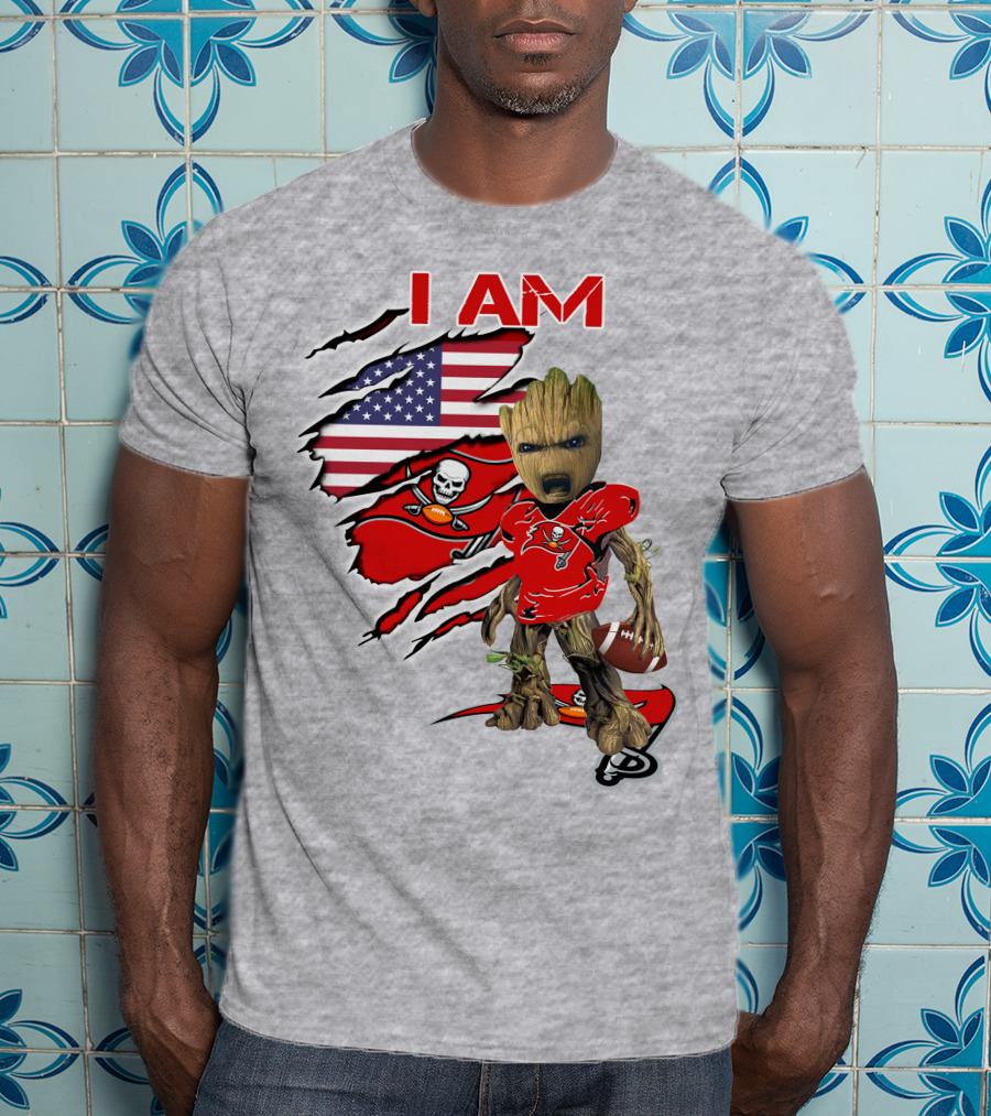I Am Buc Baby Groot American Flag Football Buccaneers T-Shirt