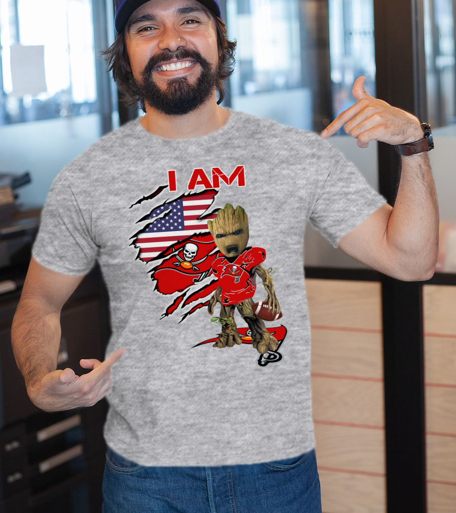 I Am Buc Baby Groot American Flag Football Buccaneers T-Shirt