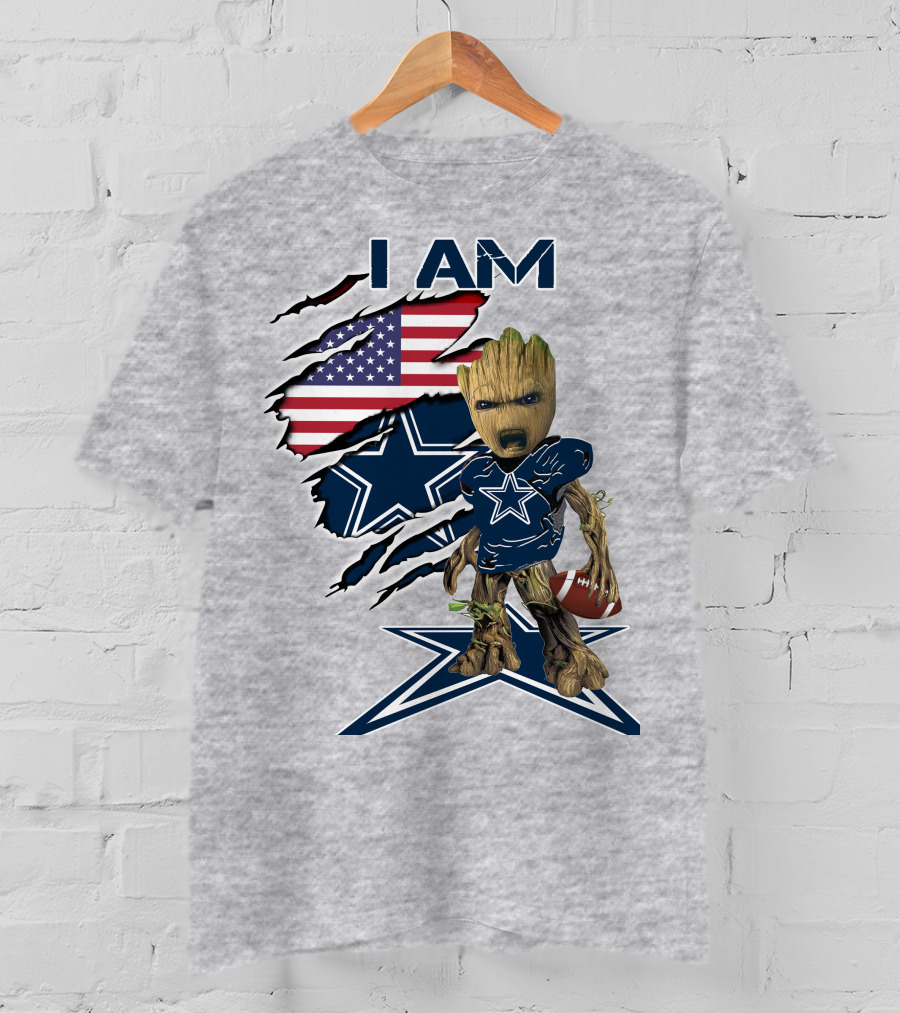I Am Baby Groot Cowboys Fan With American Flag And Football T-Shirt