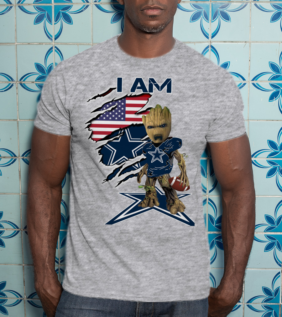 I Am Baby Groot Cowboys Fan With American Flag And Football T-Shirt