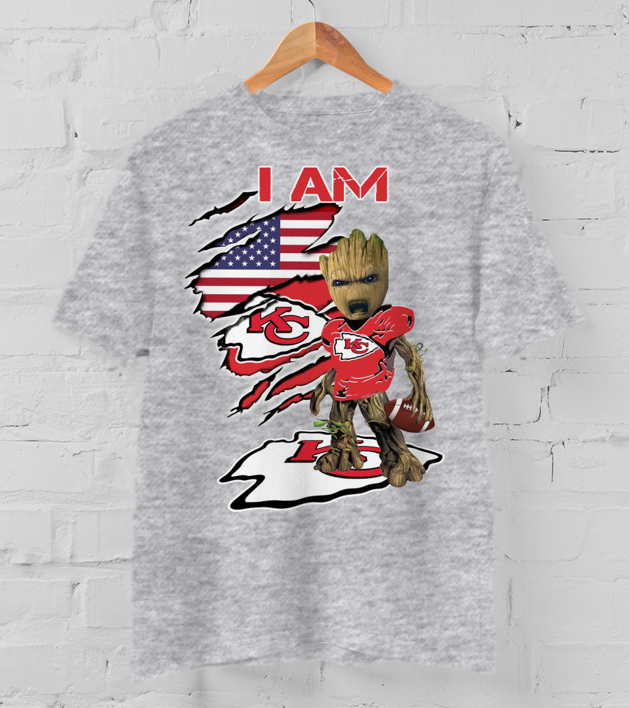 I Am Chiefs Baby Groot Kansas City Football American Flag T-Shirt