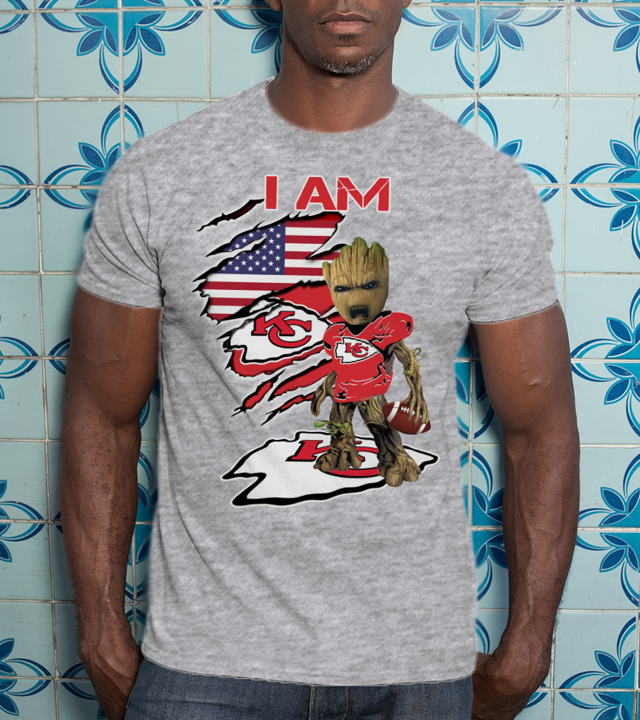 I Am Chiefs Baby Groot Kansas City Football American Flag T-Shirt