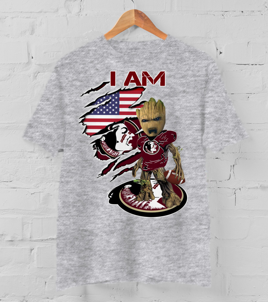 I AM Florida State Baby Groot Football American Flag T-Shirt