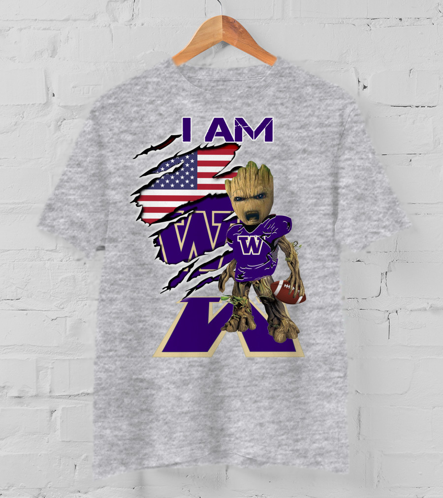 I AM Huskies Baby Groot Football USA Flag T-Shirt