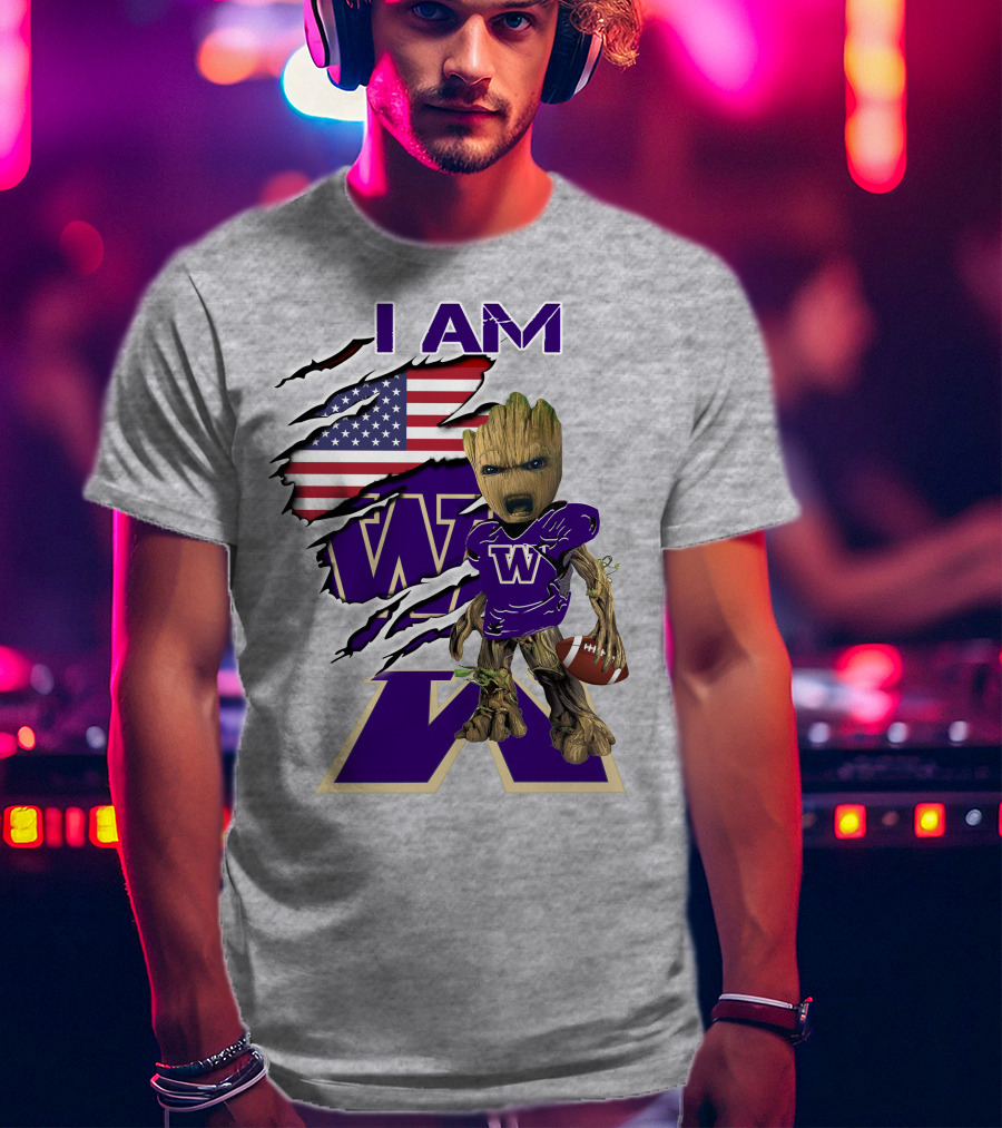 I AM Huskies Baby Groot Football USA Flag T-Shirt