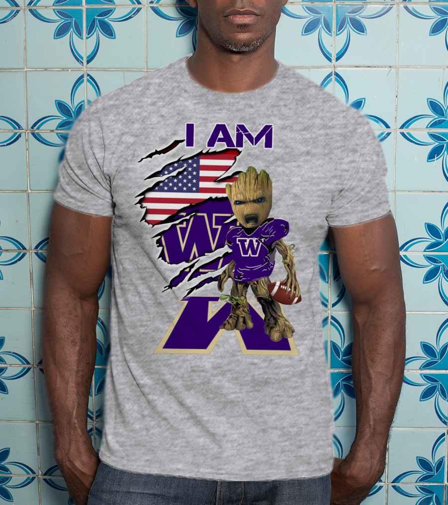 I AM Huskies Baby Groot Football USA Flag T-Shirt