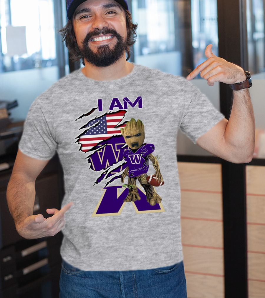I AM Huskies Baby Groot Football USA Flag T-Shirt