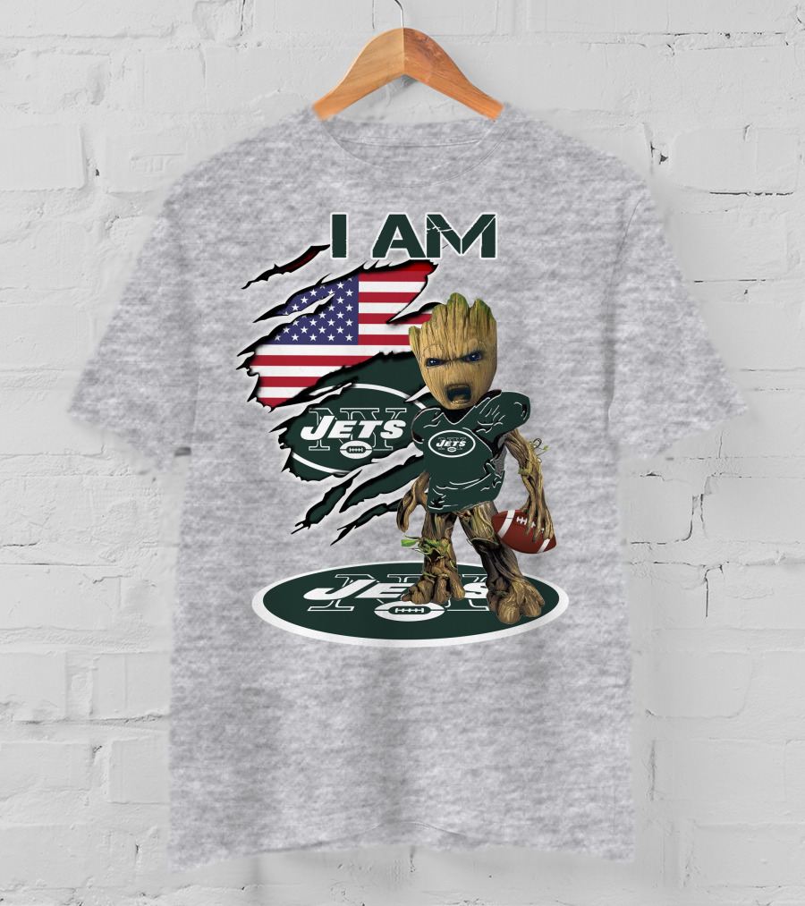 I Am Jets Baby Groot American Flag Football Fan T-Shirt