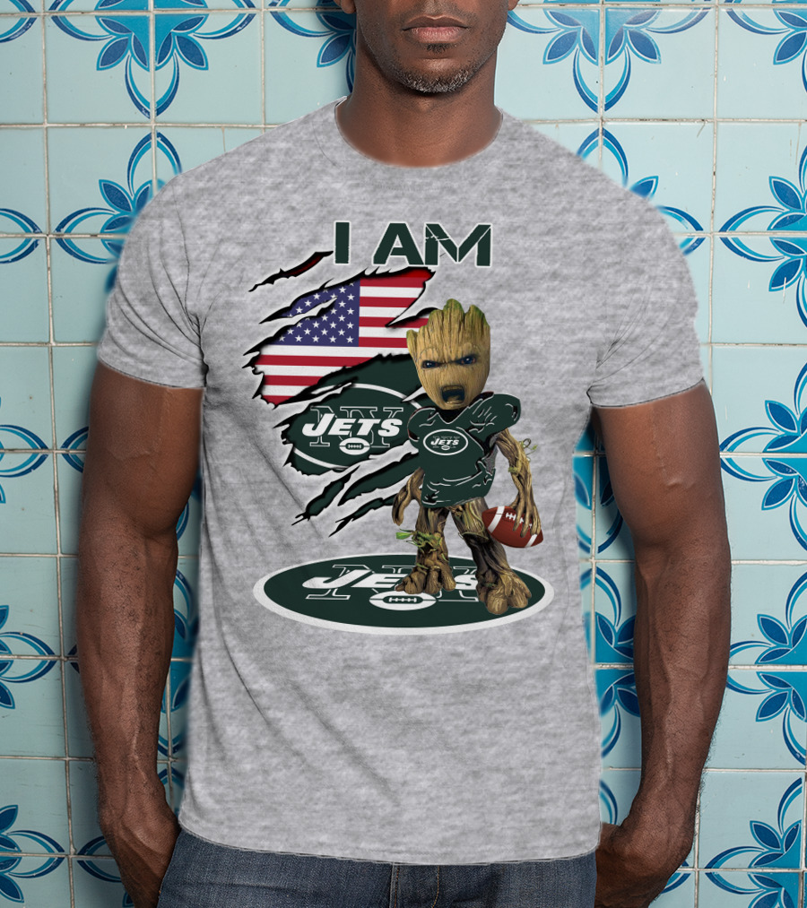 I Am Jets Baby Groot American Flag Football Fan T-Shirt