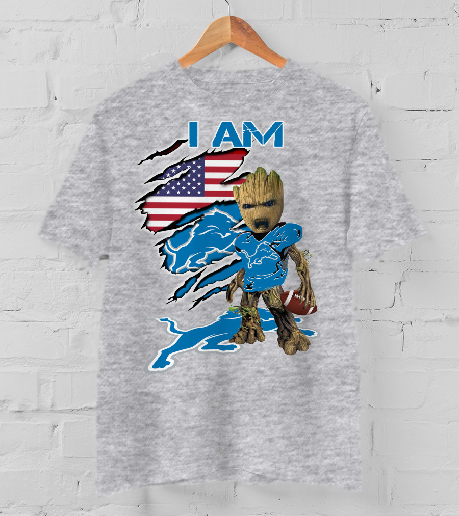 I Am Lions Baby Groot Football American Flag T-Shirt