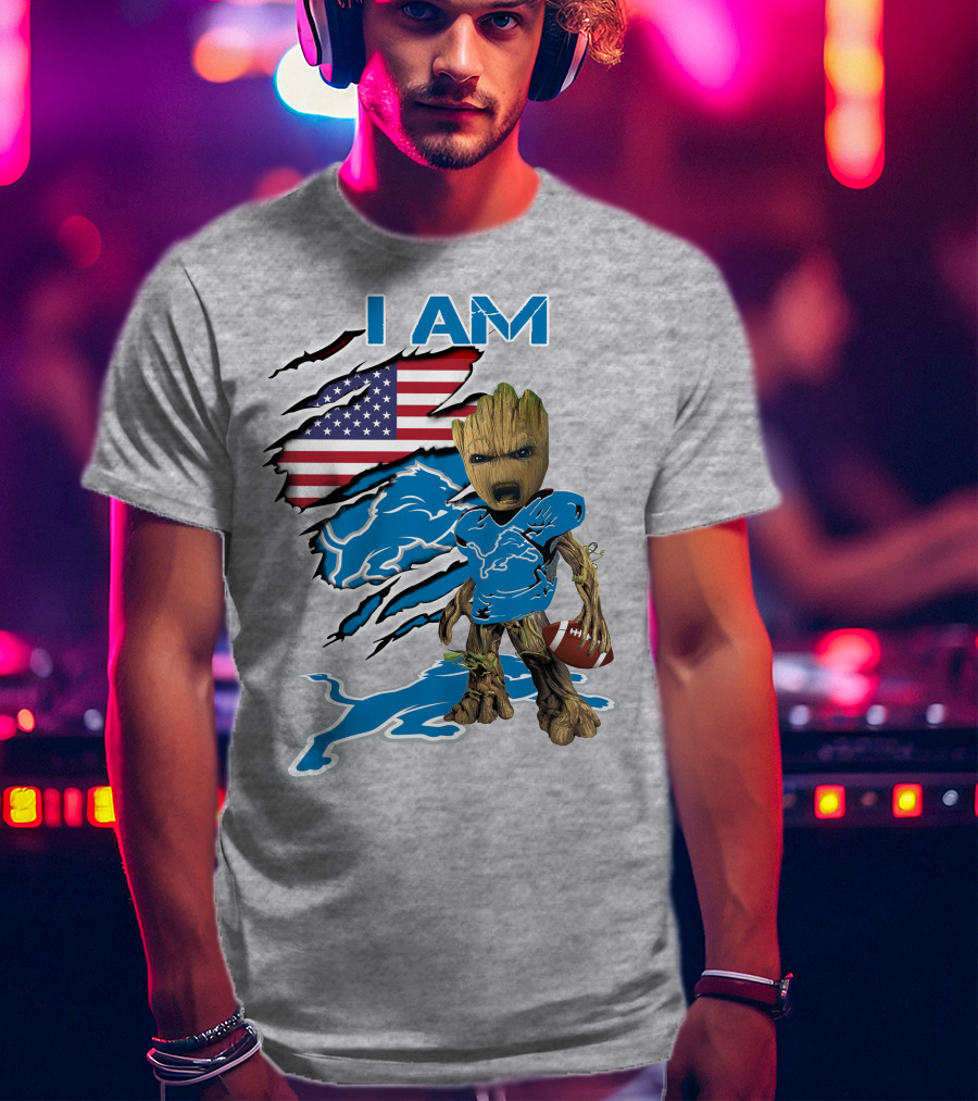 I Am Lions Baby Groot Football American Flag T-Shirt