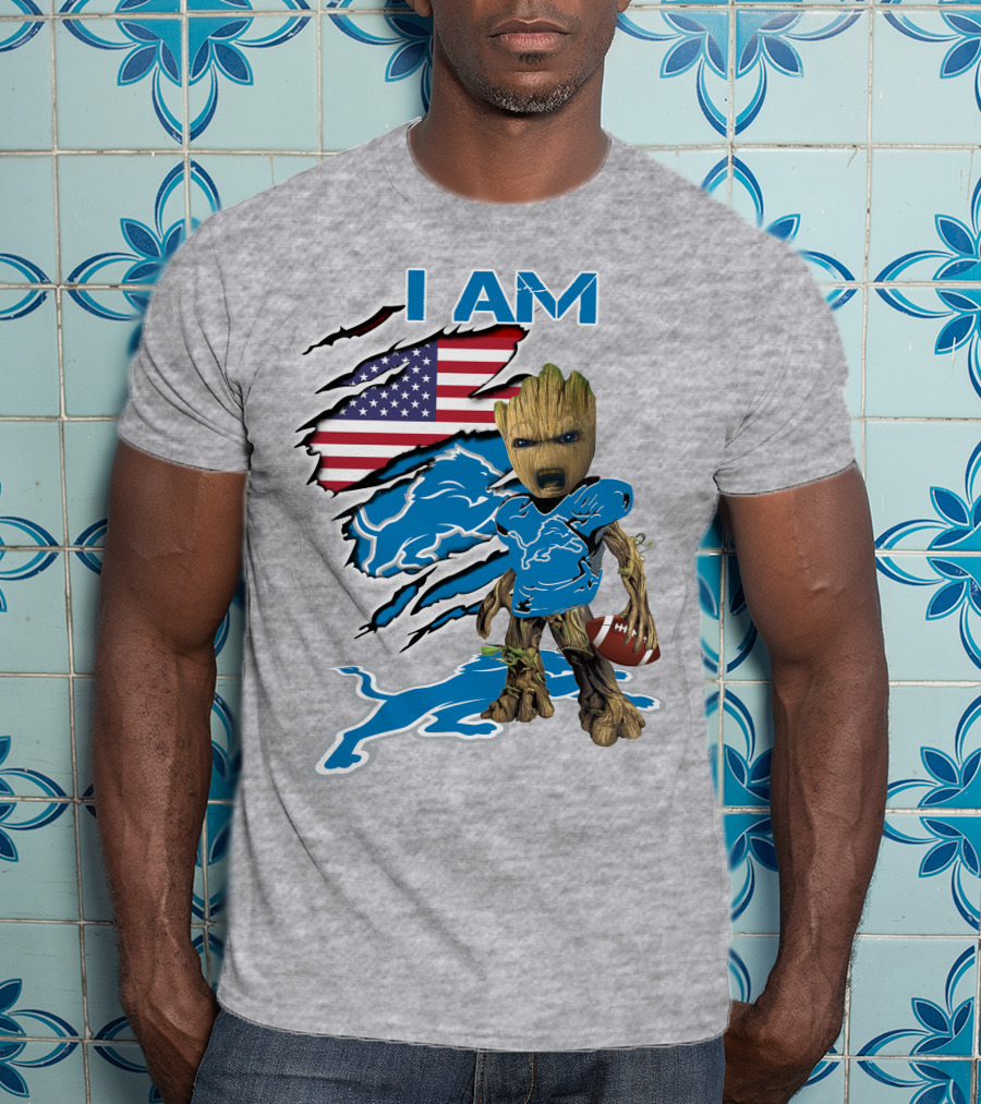 I Am Lions Baby Groot Football American Flag T-Shirt