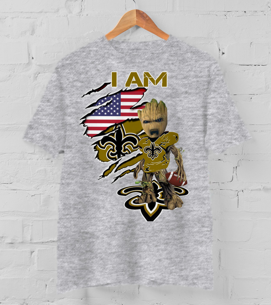 I Am Baby Groot Saints Fleur-De-Lis American Flag Football T-Shirt