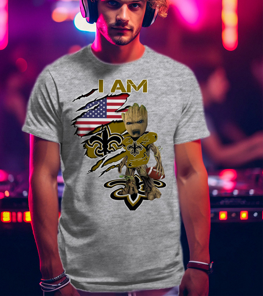 I Am Baby Groot Saints Fleur-De-Lis American Flag Football T-Shirt