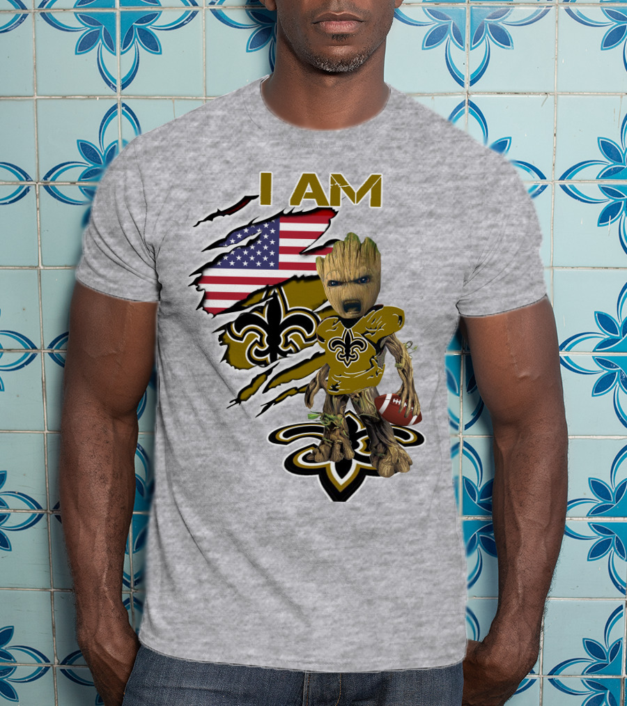 I Am Baby Groot Saints Fleur-De-Lis American Flag Football T-Shirt