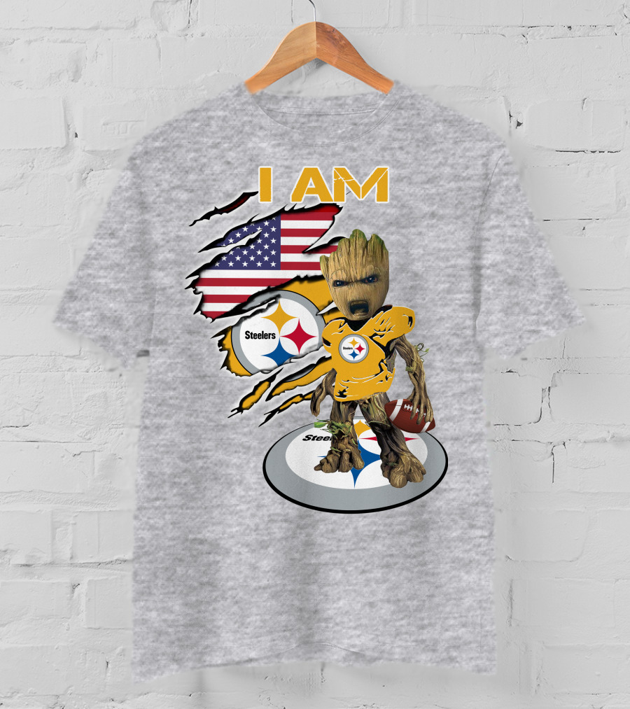 I AM Steelers Baby Groot American Flag Football Fan Gear T-Shirt