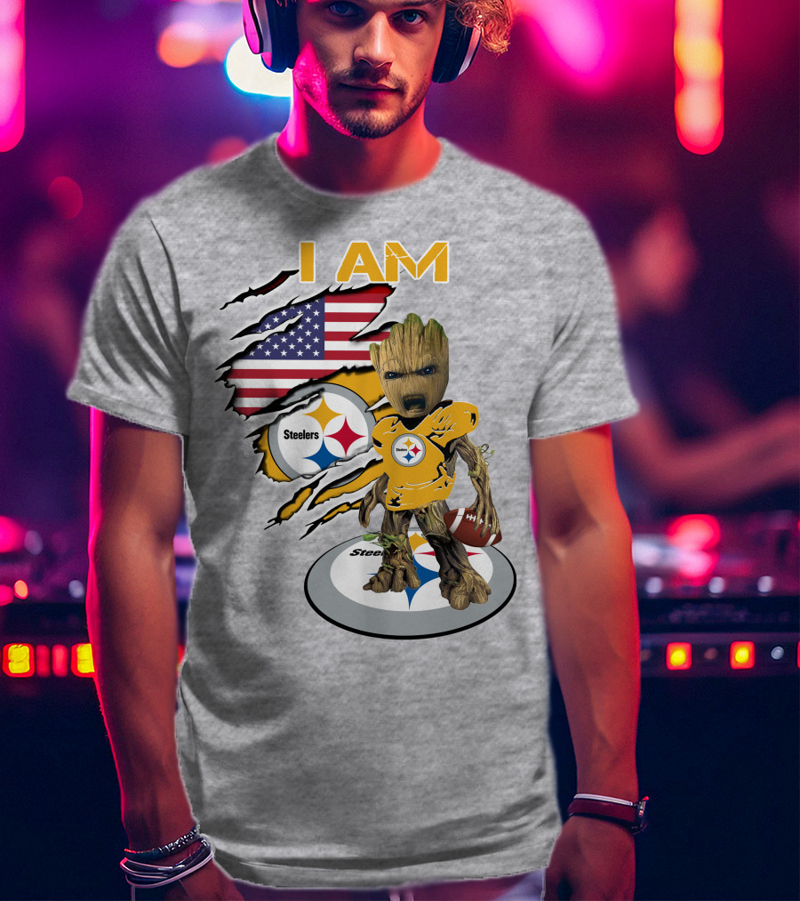 I AM Steelers Baby Groot American Flag Football Fan Gear T-Shirt
