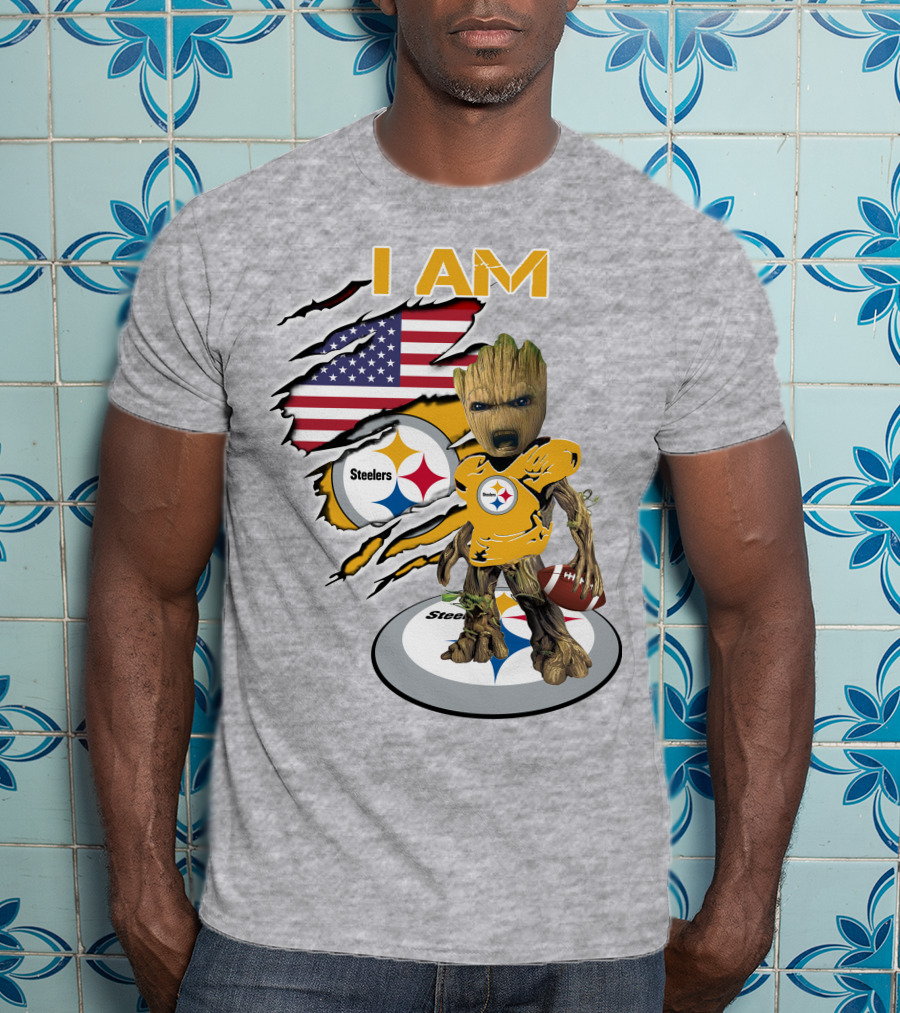 I AM Steelers Baby Groot American Flag Football Fan Gear T-Shirt