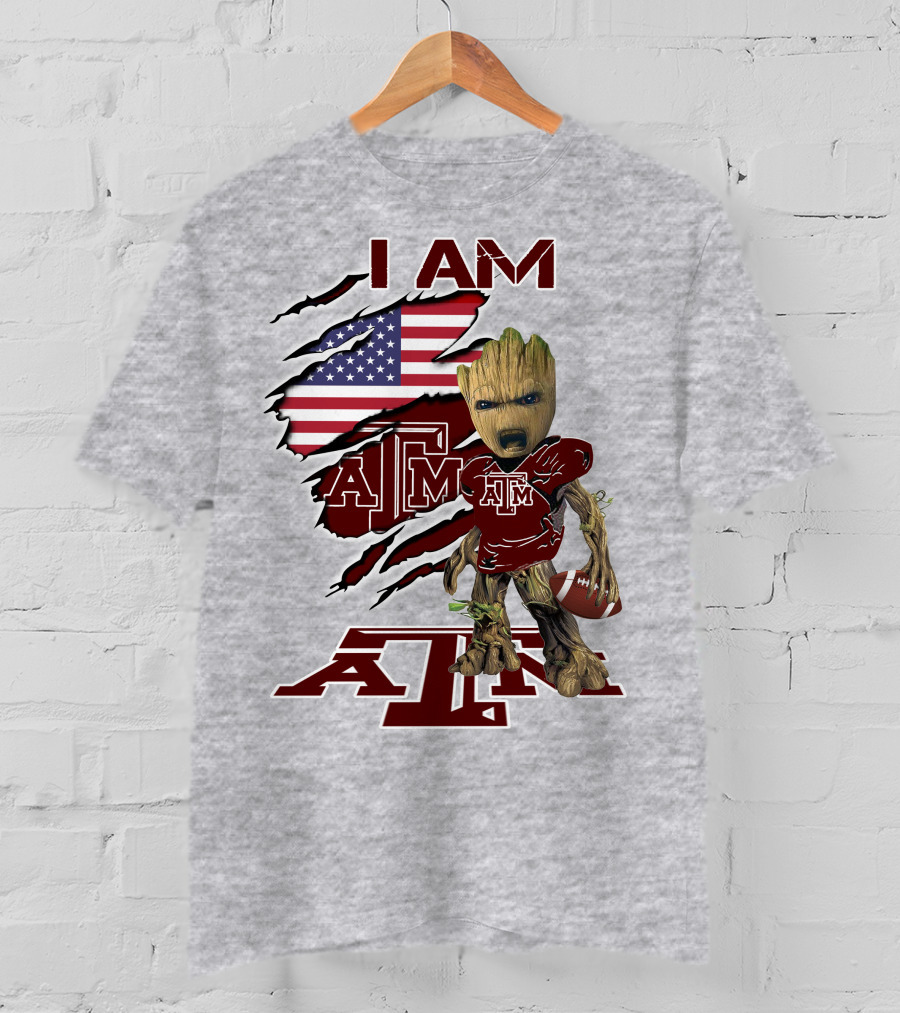 I Am Texas A&M Baby Groot American Flag Football T-Shirt