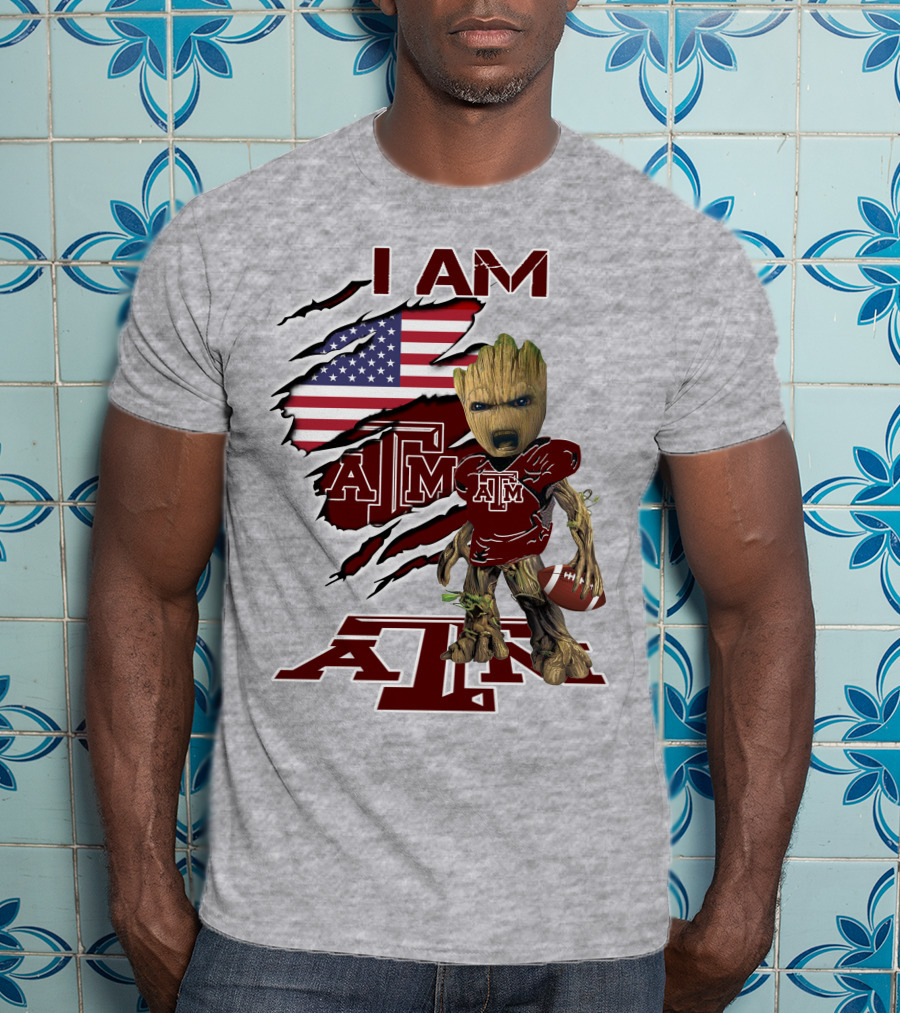 I Am Texas A&M Baby Groot American Flag Football T-Shirt
