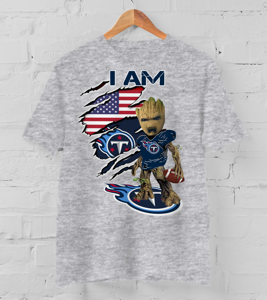 I AM Titans Baby Groot Football USA Flag T-Shirt
