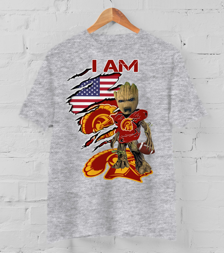 I AM Trojans Baby Groot Football American Flag T-Shirt