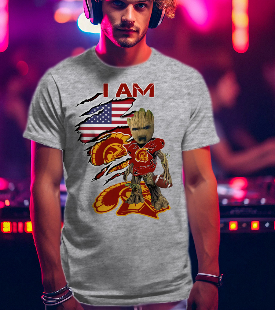 I AM Trojans Baby Groot Football American Flag T-Shirt