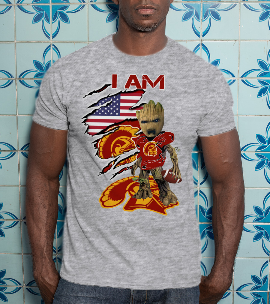 I AM Trojans Baby Groot Football American Flag T-Shirt