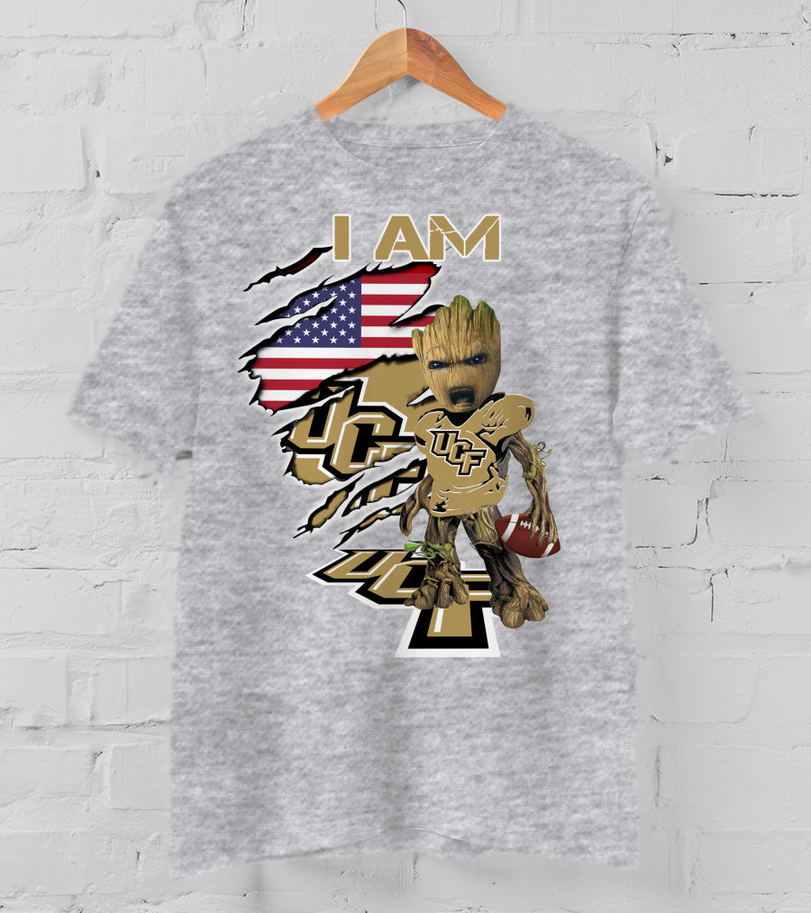 UCF Baby Groot I Am American Flag Football T-Shirt
