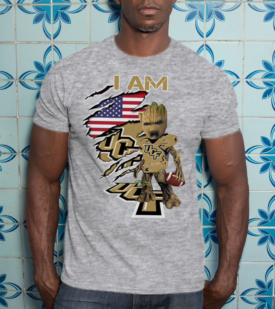 UCF Baby Groot I Am American Flag Football T-Shirt