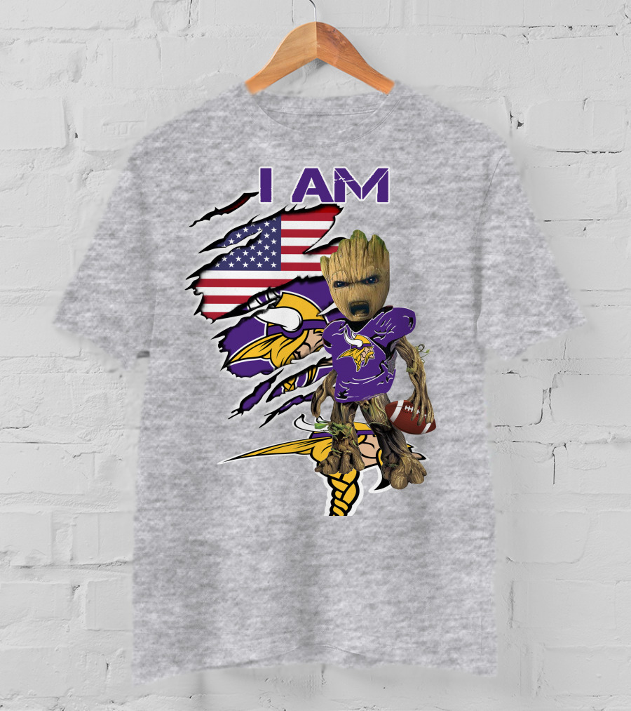 I Am Vikings Baby Groot American Flag Football T-Shirt