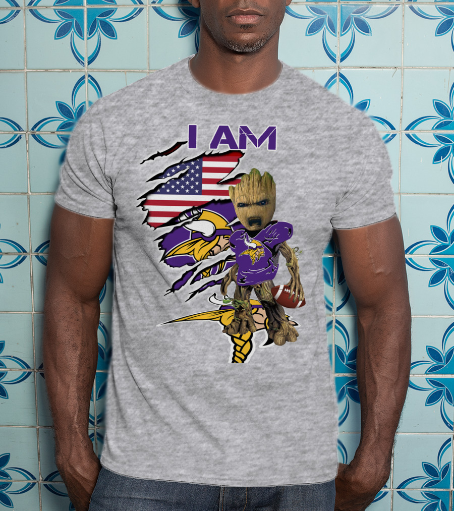I Am Vikings Baby Groot American Flag Football T-Shirt