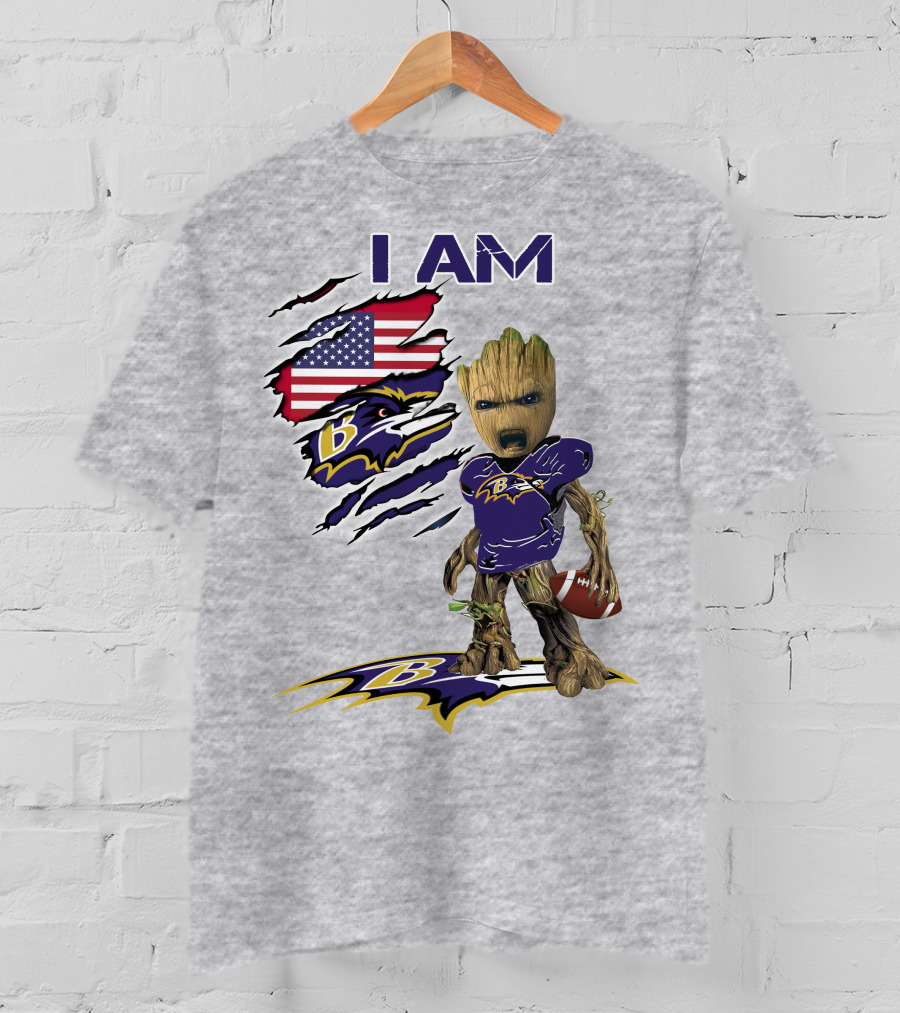 I AM Baltimore Ravens Baby Groot Football USA Flag T-Shirt