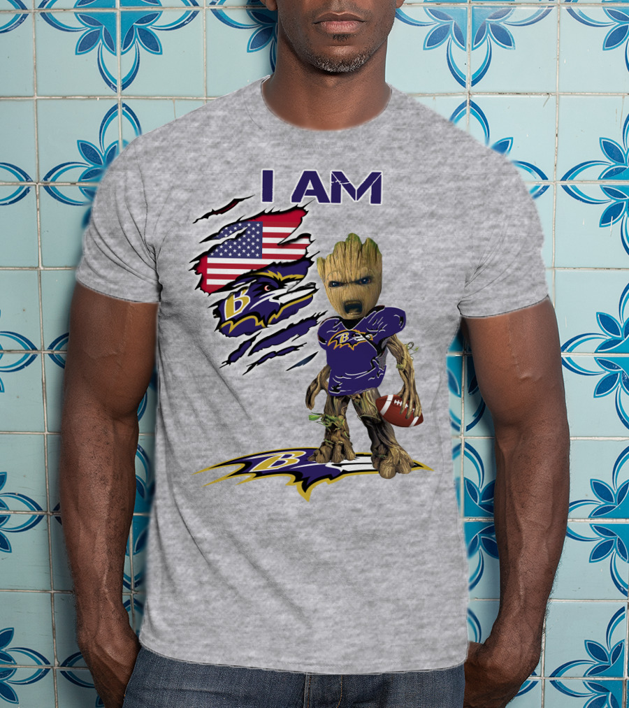 I AM Baltimore Ravens Baby Groot Football USA Flag T-Shirt