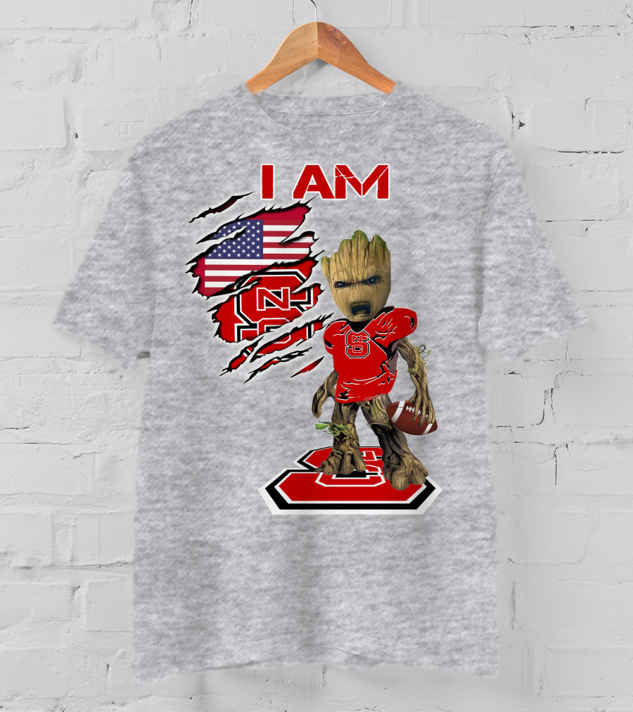 I Am NC State Baby Groot Football USA Flag T-Shirt