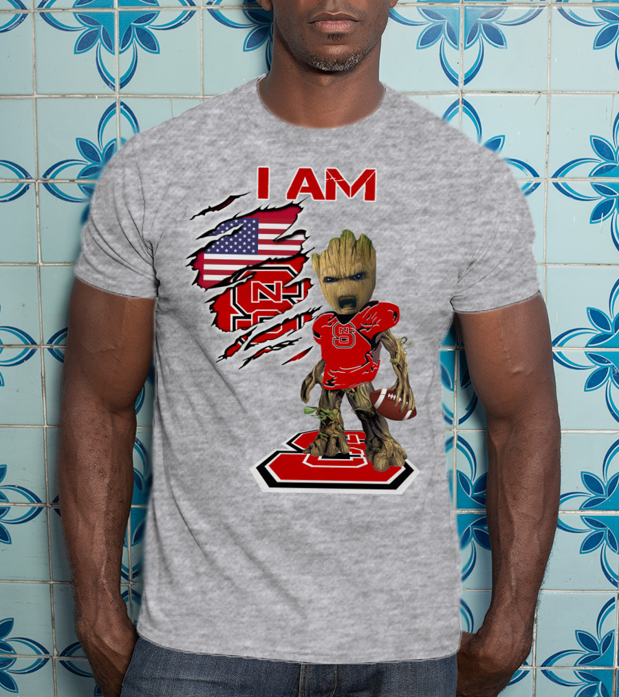 I Am NC State Baby Groot Football USA Flag T-Shirt