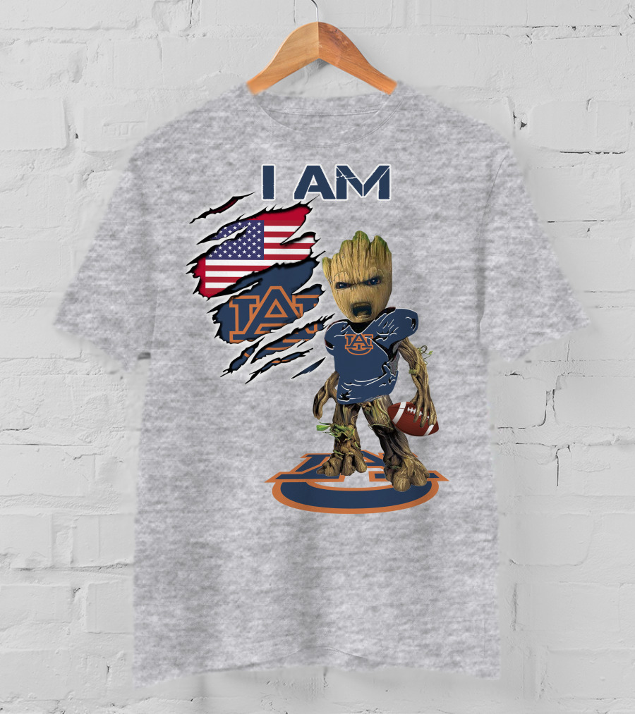 I Am Auburn Baby Groot Football Usa Flag T-Shirt